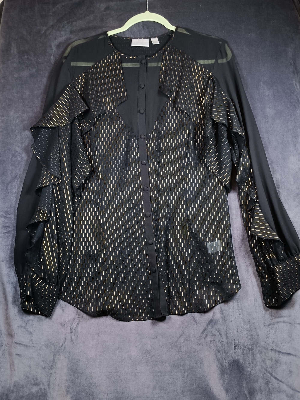 Bisou Bisou Black Blouse with Gold Dash Print and Ruffle Sleeves